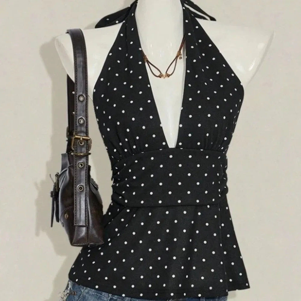 Fashion Sleeveless Women Crop Pleated Y2k Lace-up Dots Camisole Beach Qme