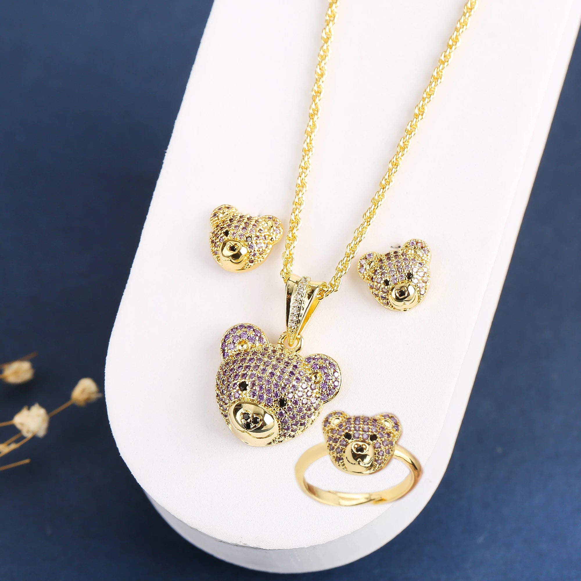 3pcs Exquisite Shiny White Red Zirconia Bear Jewelry Set Necklace Earrings Ring Cute Animal Jewelry Accessories For Women Girls Qme 3PC 3