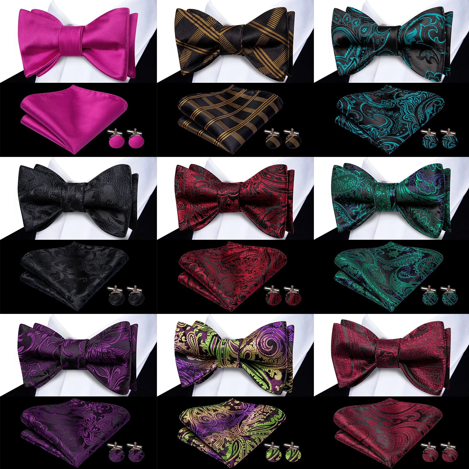 Hi-Tie Classic Bow Ties for Men Butterfly Self-Tied Male Bowtie Pocket Square Cufflinks Set Jacquard Paisley Wedding Event Party Qme