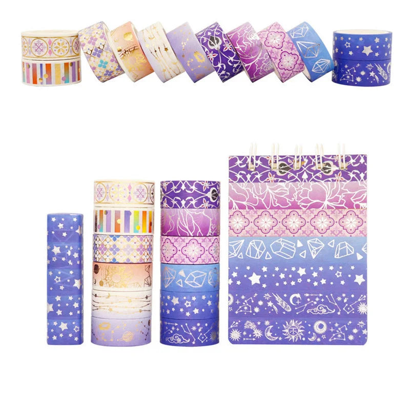 12 Rolls/set Purple Star Gold Foil Washi Tape Set Constellation Series Laser Masking Tapes for Scrapbooking DIY Stationary Set Qme