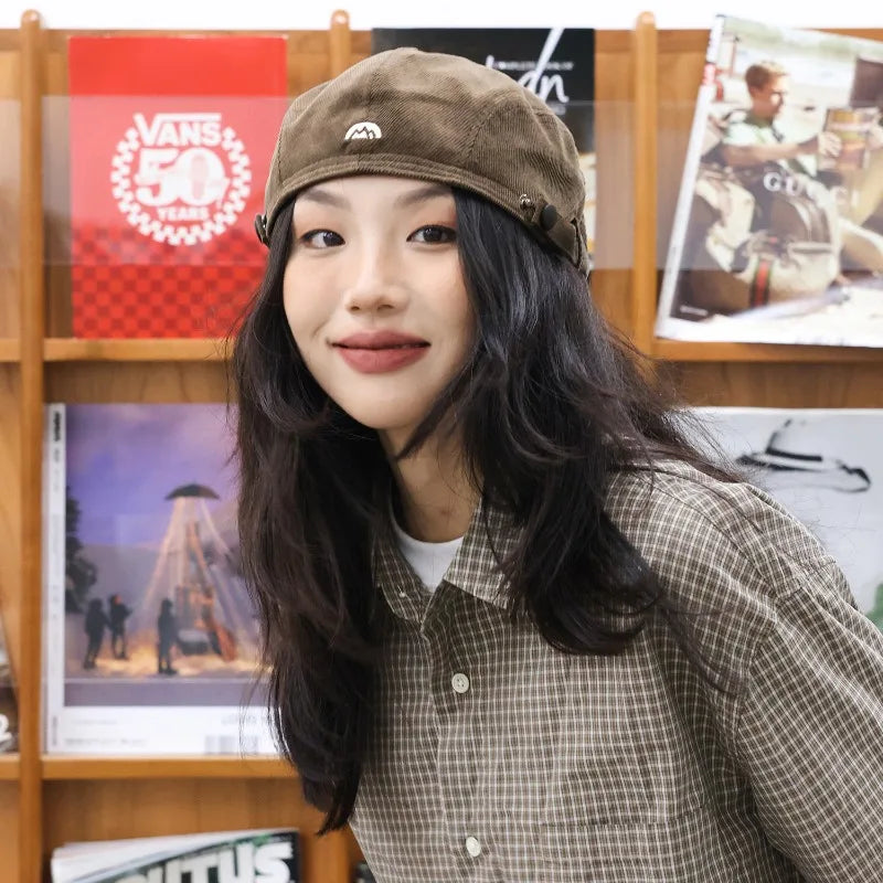 Embroidered Half-circle Beret Corduroy Autumn Winter Hat Trendy Qme