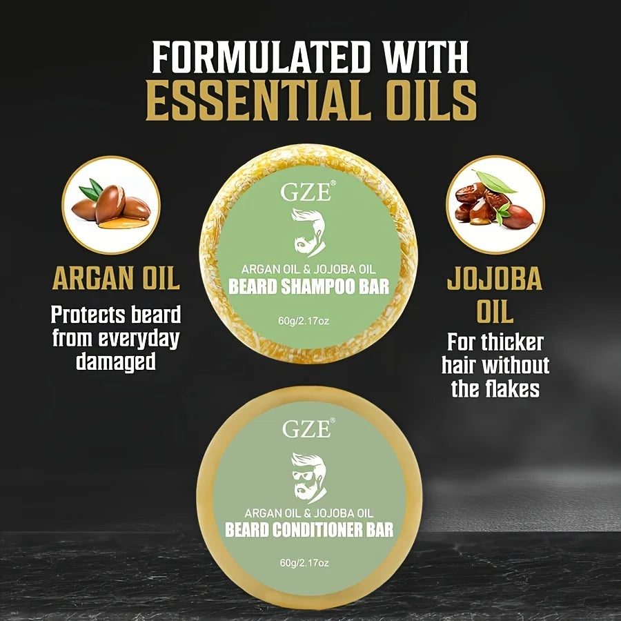 GZE Beard Wash & Conditioner Soap Set Argan & Jojoba Oils – Softens, Smooths & Strengthens Beard Growth Qme