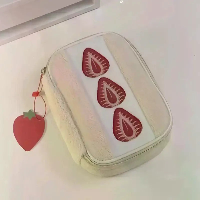Cute Embroidered Strawberry Pencil Case Portable Stationery Pen Box Multi Functional Large Capacity Makeup Bag Storage Bag Qme
