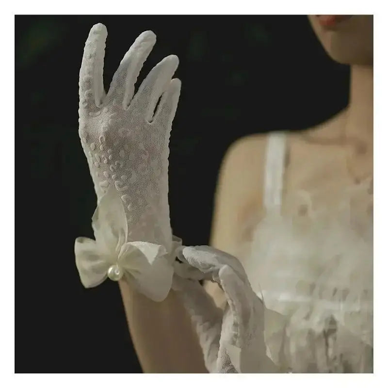 Women Bridal Short Gloves Full Finger Mesh Wedding Beaded Bow Wrist Qme A