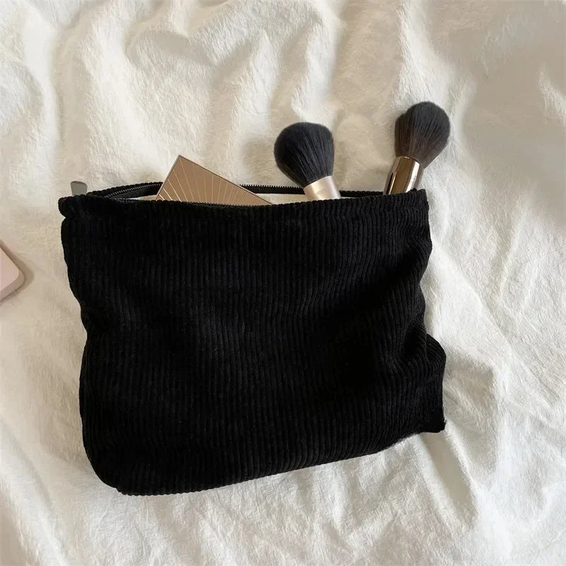 Corduroy Travel Cosmetic Bag Portable Makeup Storage Bag Purses Women Large Capacity Zipper Make Up Organizer Storage Clutch Qme Black