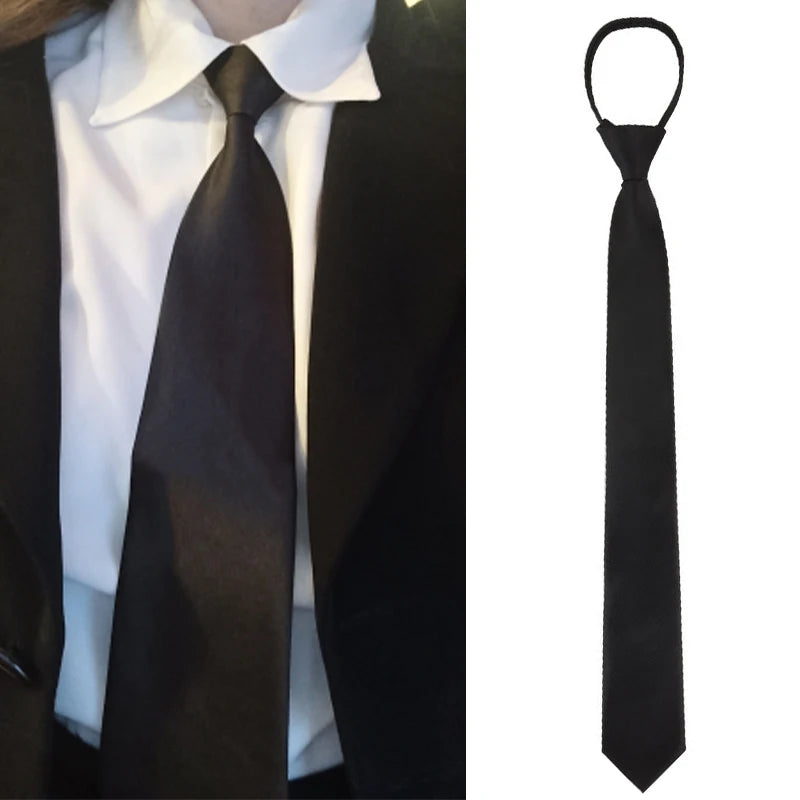 Black Unisex Zipper Ties Retro Silky Narrow Neck Tie Slim Smooth Qme