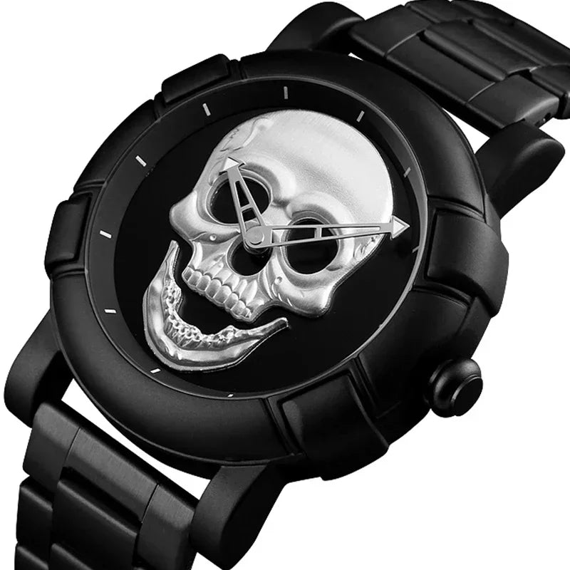 Men's Quartz Watch, Black and Gold Dial, 3D Skull Head Pattern, Stainless Steel, Steampunk Rock Engraved, Men's Watch Qme ENGRAVED SKULL
