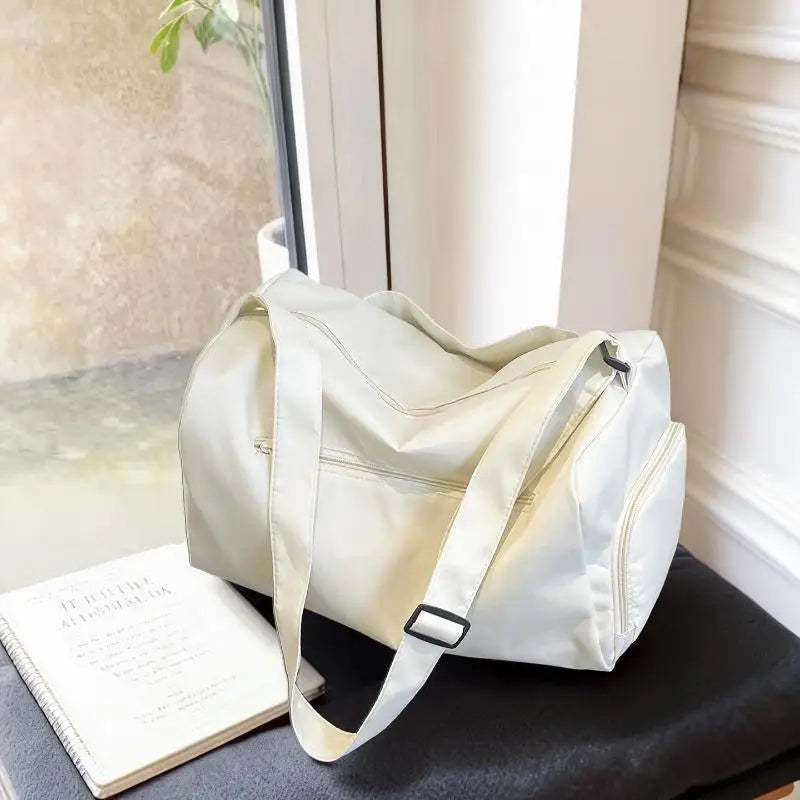 Beige Water Resistant Nylon Duffel Bag With Adjustable Strap Large Capacity For Gym Travel Daily Commute Qme A2