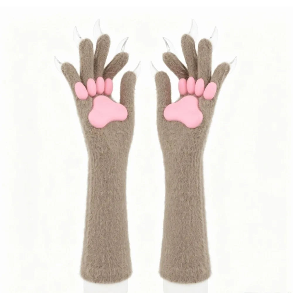 Long Cat Claw Gloves Furry Cute Animal Hand Silicone Paw Pads Cosplay Qme Light Brown