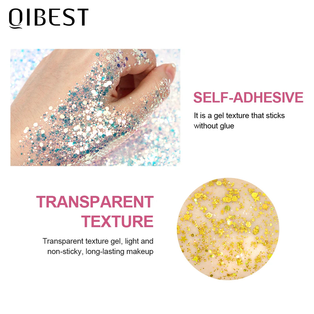 QIBEST Festival Body Glitter Gel Face Eye Glitter Eyes Holographic Cosmetics Laser Powder Chunky Nails Hair Glitter Makeup Sets Qme