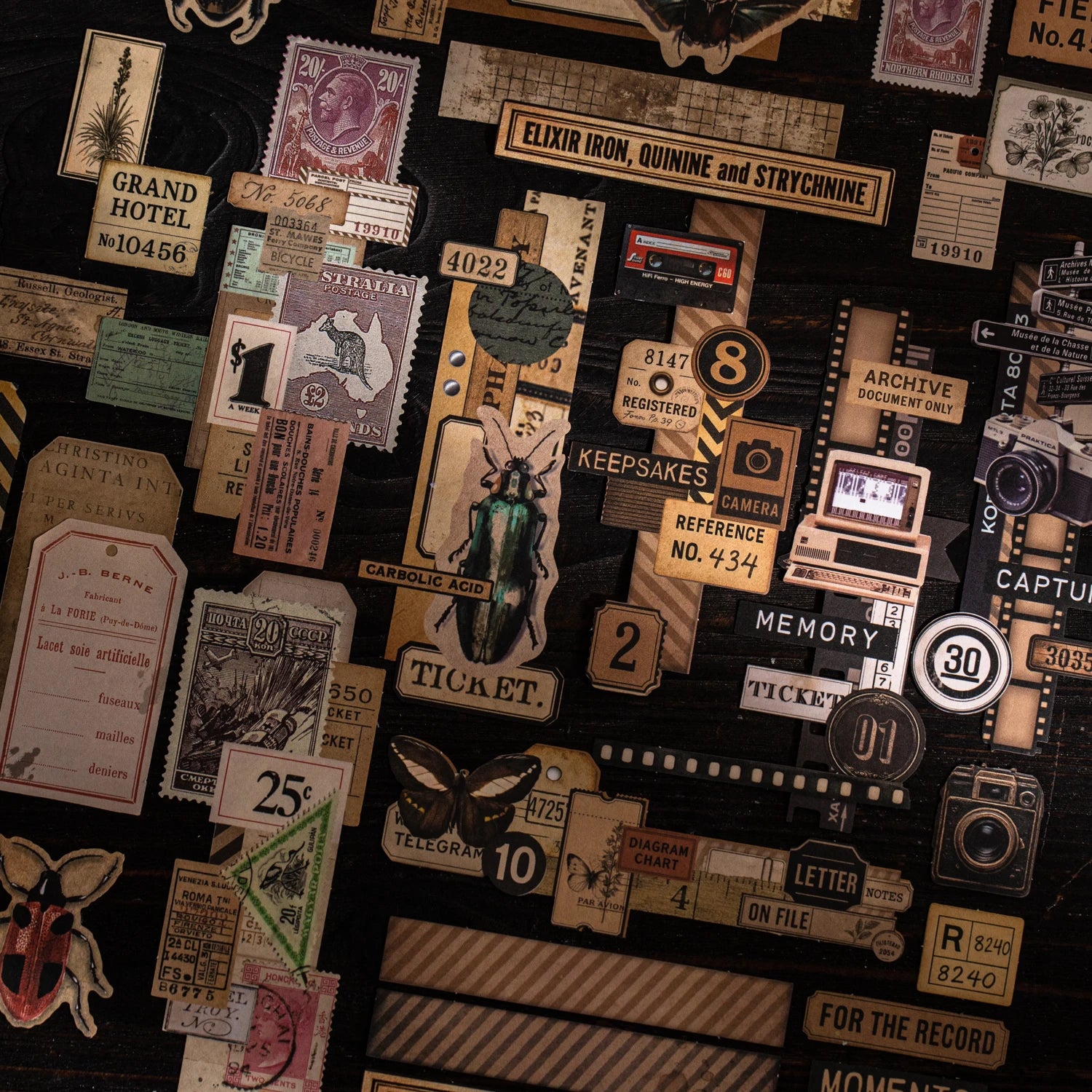30 Sheets Vintage Memory Series Border Insect Collage Stickers for Scrapbooking DIY Frame Decals Computer Laptop Phone Luggage Qme