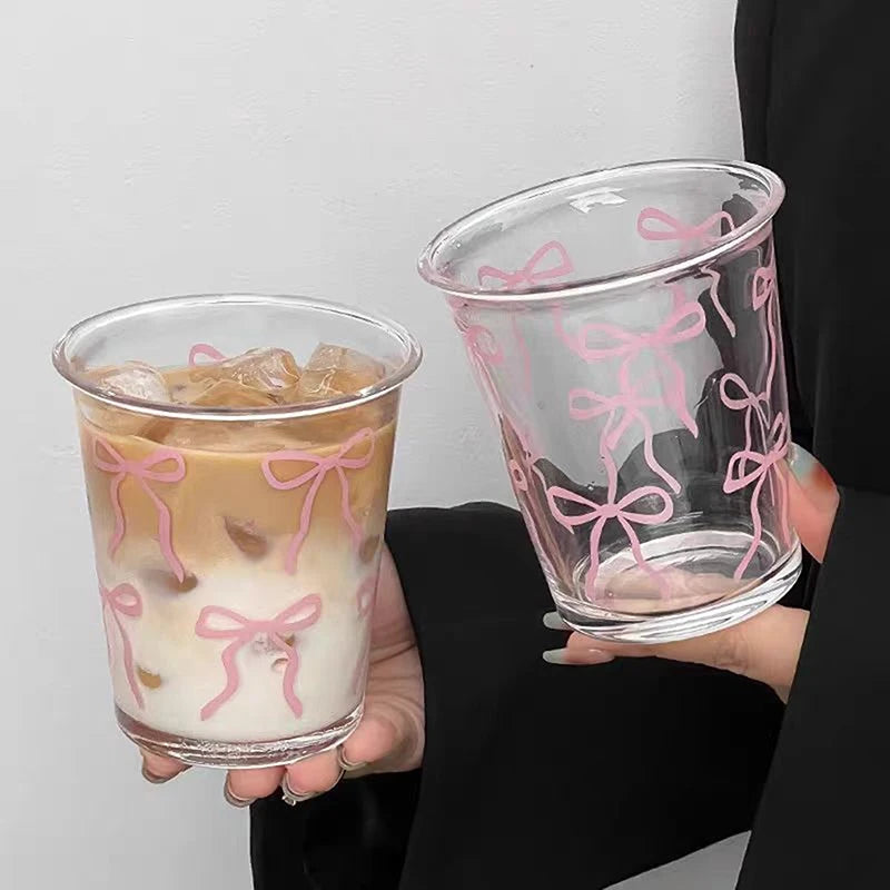Bow Glass Cute Water Cup Cartoon Striped Doodle Coffee Mug Household Qme