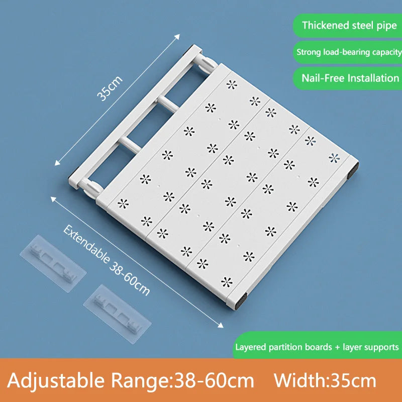 No-Drill Expandable Shelf Dividers Adjustable Wardrobe Cabinet Organizers Kitchen/Bathroom Storage Rack Dorm Space-Saving Qme 38-60cm 35cm