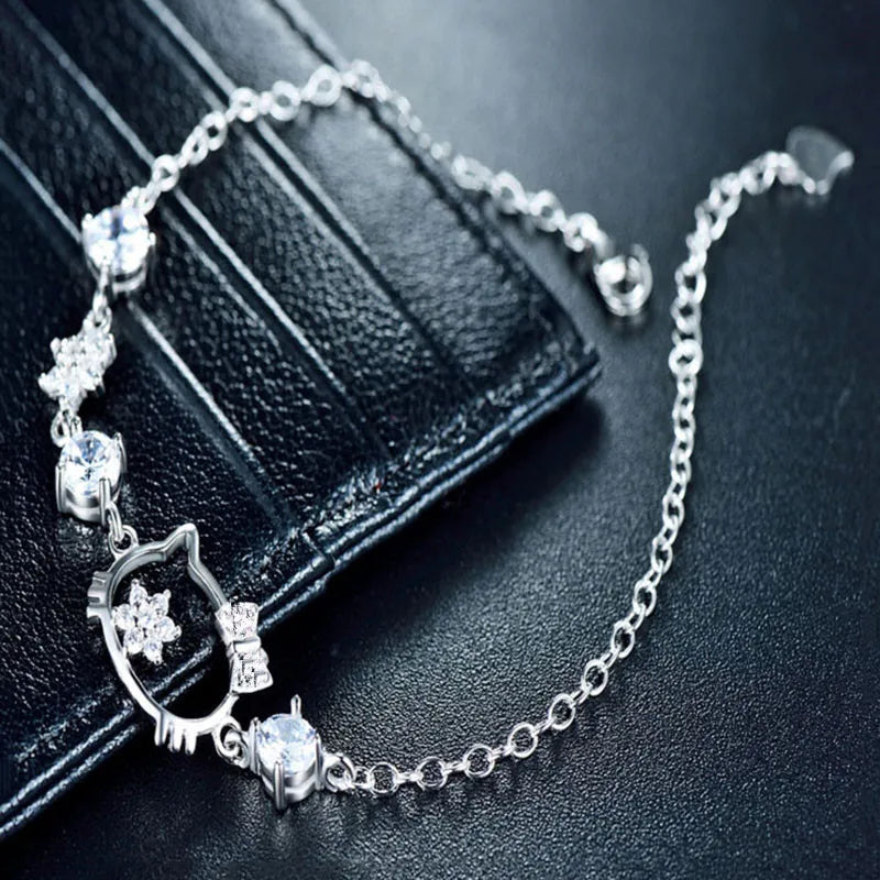 Cartoon Cat Zircon Silver Bracelet Girlfriend Female Children's Leisure Party Japanese Style Jewelry Gift Qme