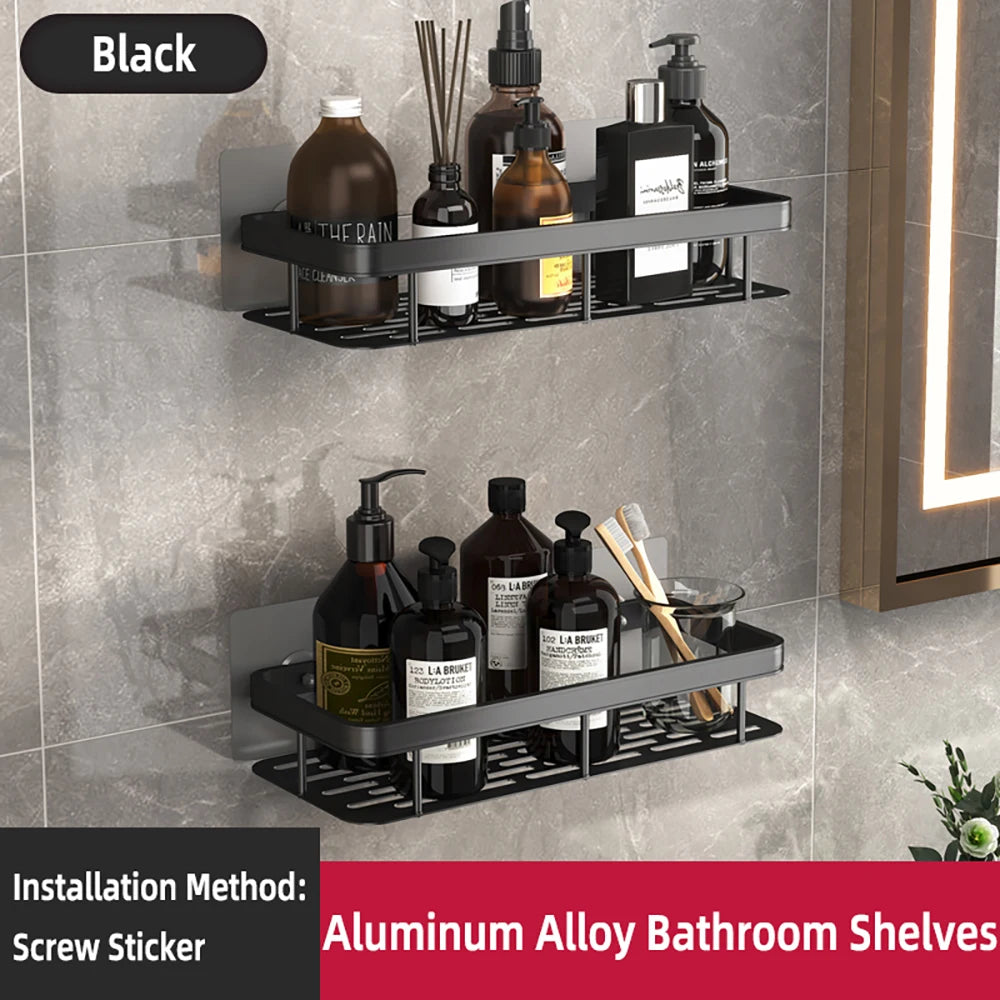 High Quality Wall Mounted Rectangular Rack Bathroom Storage Rack Towel Rack Wall Shower Shampoo Rack Drill Free Rack Tripod Qme Black-B-2PCS