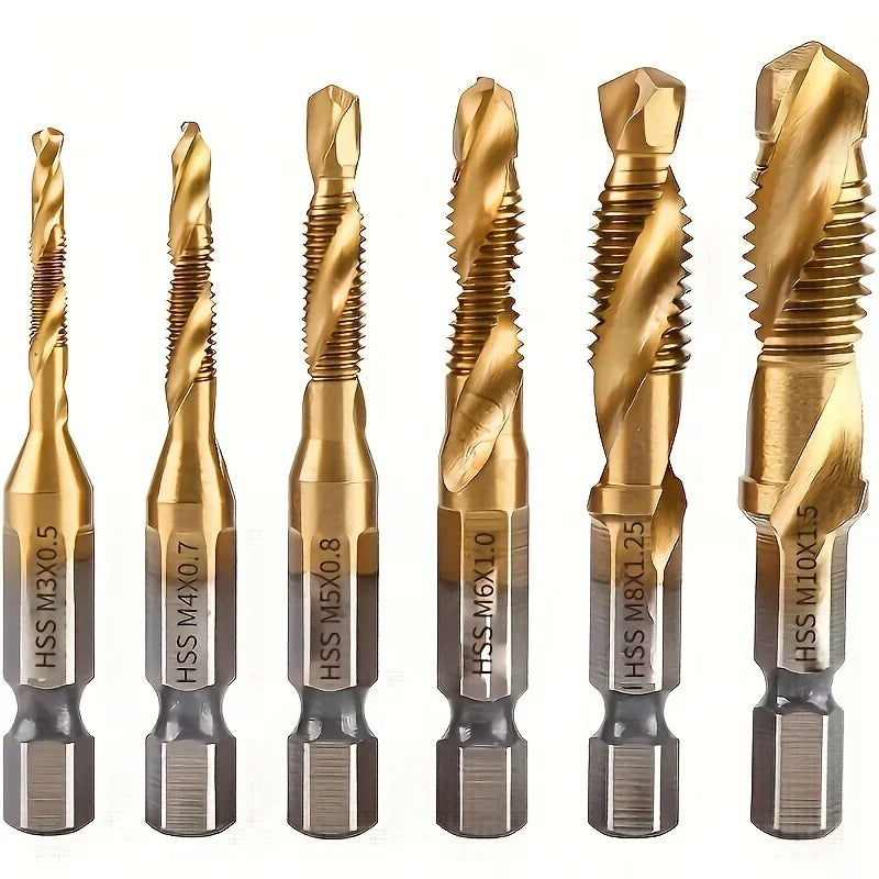 6pcs Titanium Coated HSS Drill Bit Set - Metric Thread M3-M10, Countersink & Screw Tapping Bits for Precision Hole Machining Qme