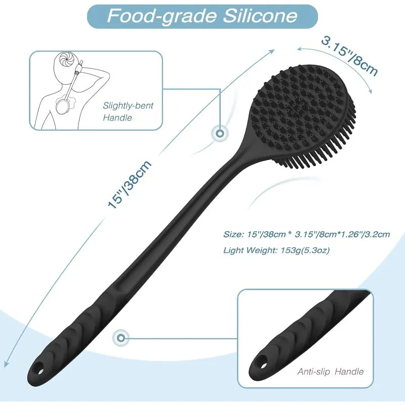 Silicone Scrubber Long Handle Double Sided Exfoliating Massage Qme