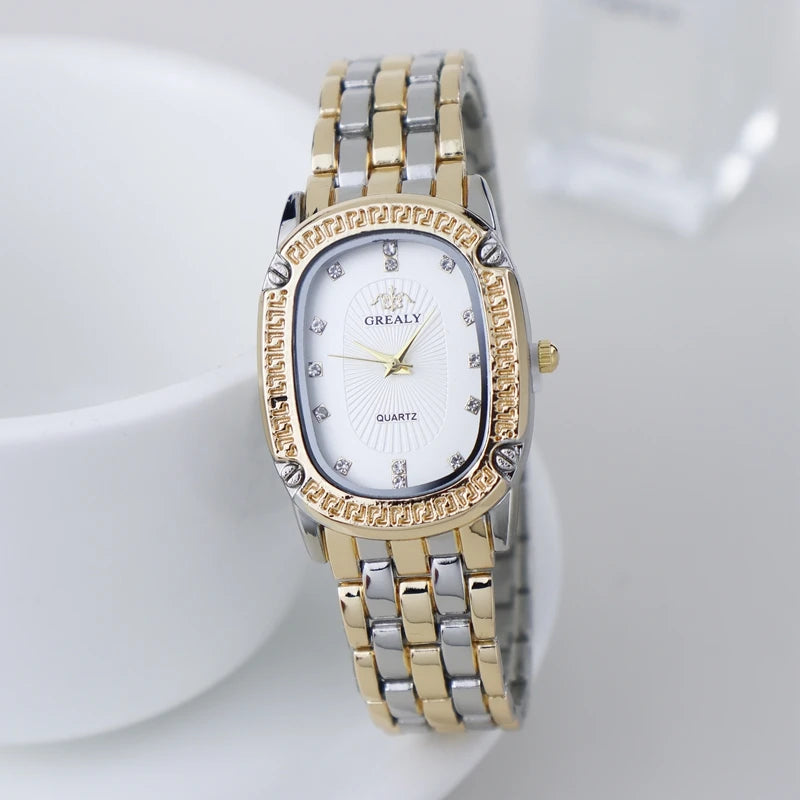 Luxury Fashion Metal Band Watches for Women Brand Simple Casual Oval Rhinestone Ladies' Quartz Wristwatch Qme Half Gold White