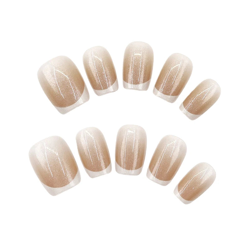French Pearlescent Glitter Short Square False Nails Jelly Adhesive Qme