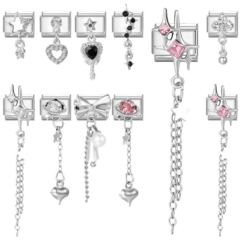 Women Zircon Pink Black Shiny Stars Heart Bow Pearl Pendant Italian Charm Links Fit 9mm Stainless Steel Bracelet DIY Making Gift Qme
