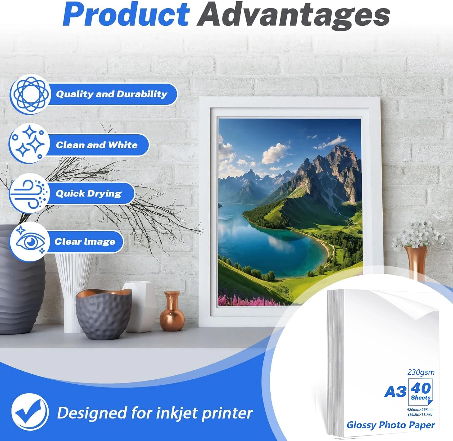 A3 Photo Paper, Waterproof Glossy for Photo Paper，Waterproof Embossed Card Paper Inkjet Photo Paper Qme