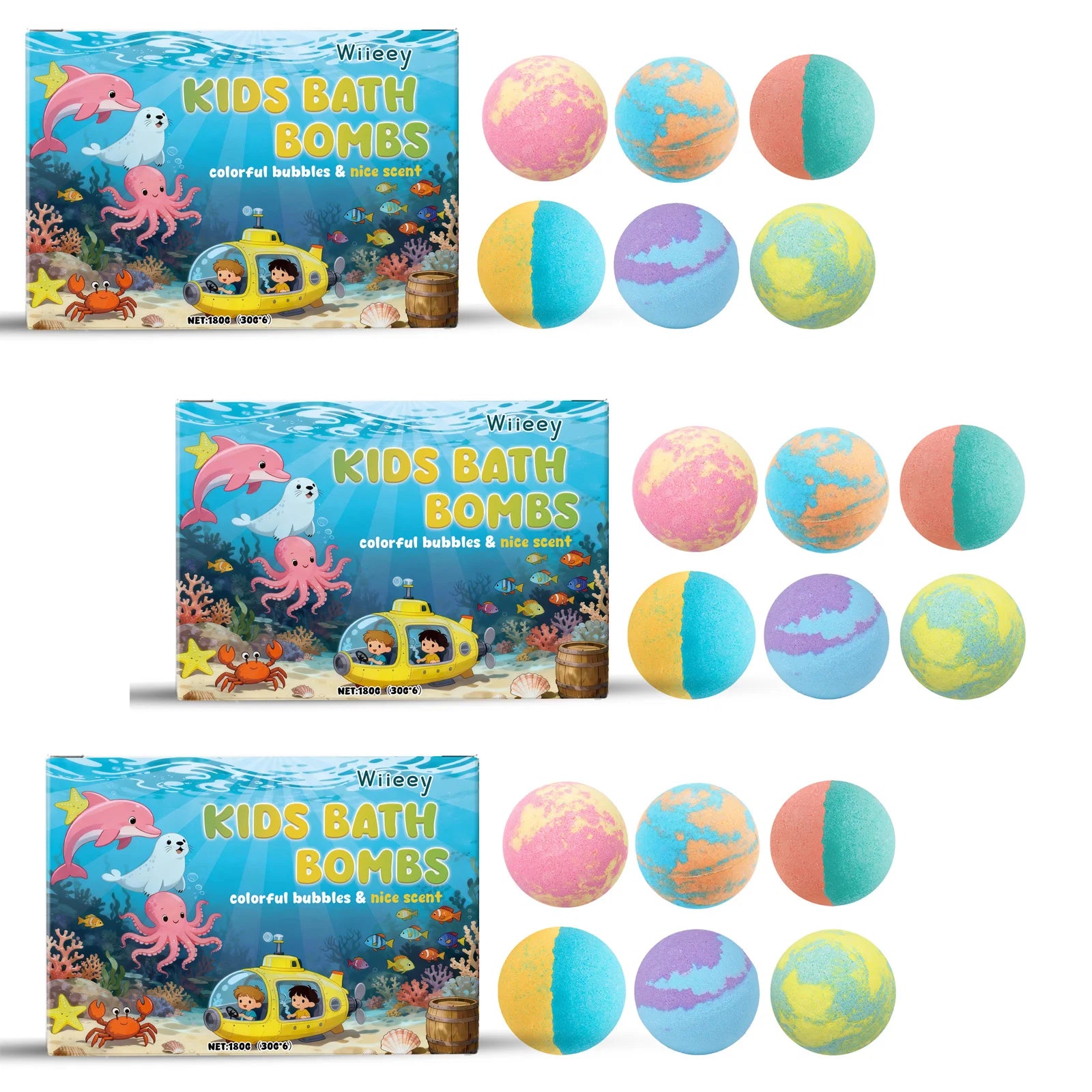 Wiieey Bath Balls for Kids Gentle Skin Cleansing Deep Hydration Calming Scent Infusion Rich Bubble Soothing Bath Bombs 180g Qme 3 x 203g Boxed