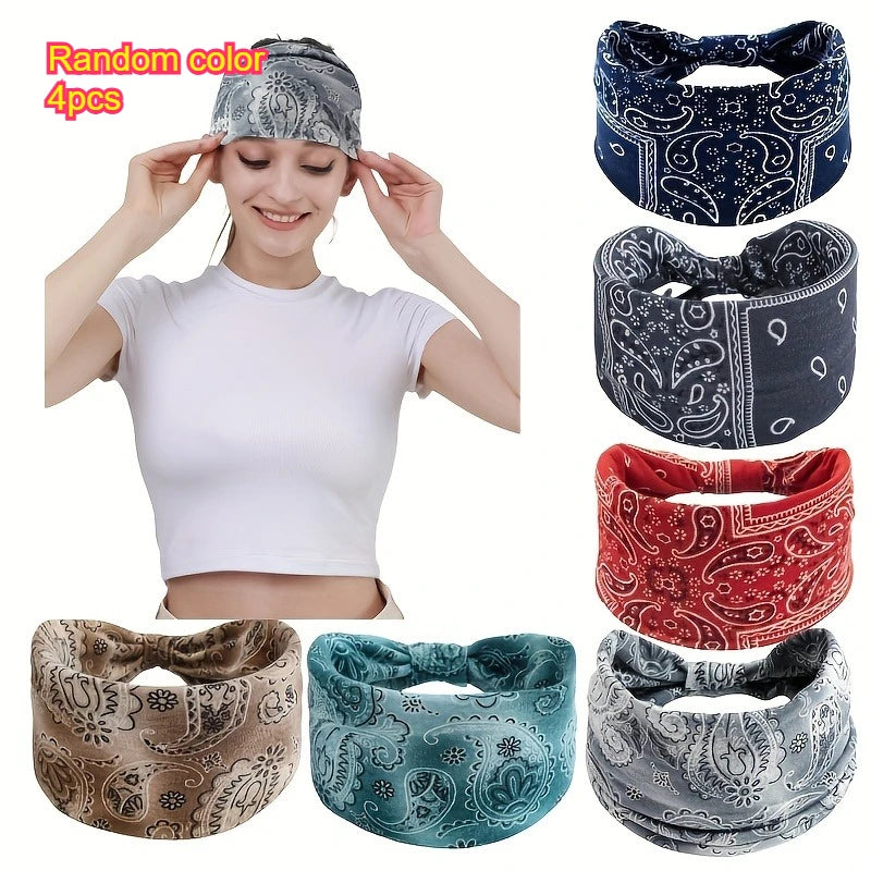 Wide Bohemian Headband Flower Elastic Headband Bohemian African Headband Yoga Running Headband Women's Exercise Hair Accessories Qme Random color 4pcs