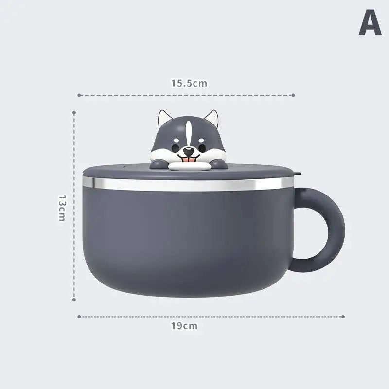 Cute Dog Instant Noodle Bowl Stainless Steel Lid Large Fruit Salad Qme A Gray