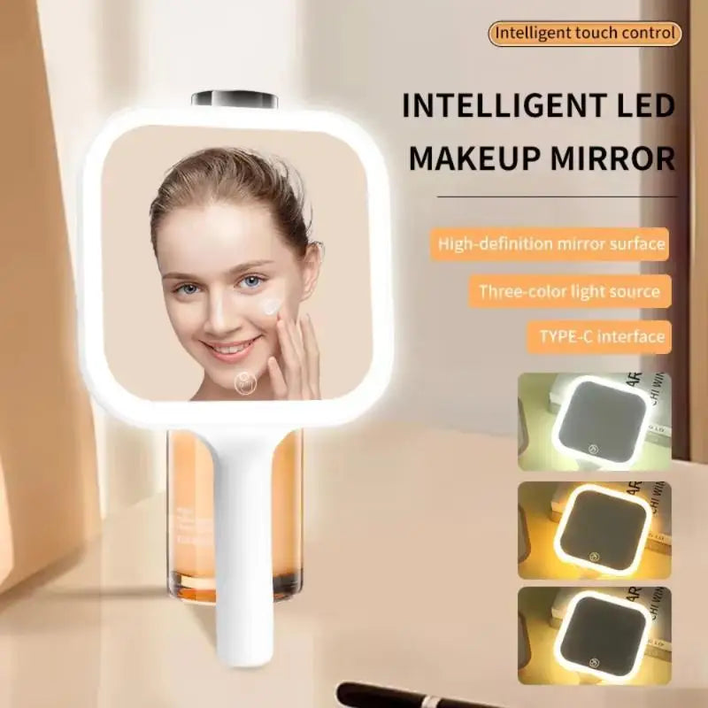LED Smart Makeup Mirror Hand-held Carry 3 Colors Adjust Bright Touch Qme White