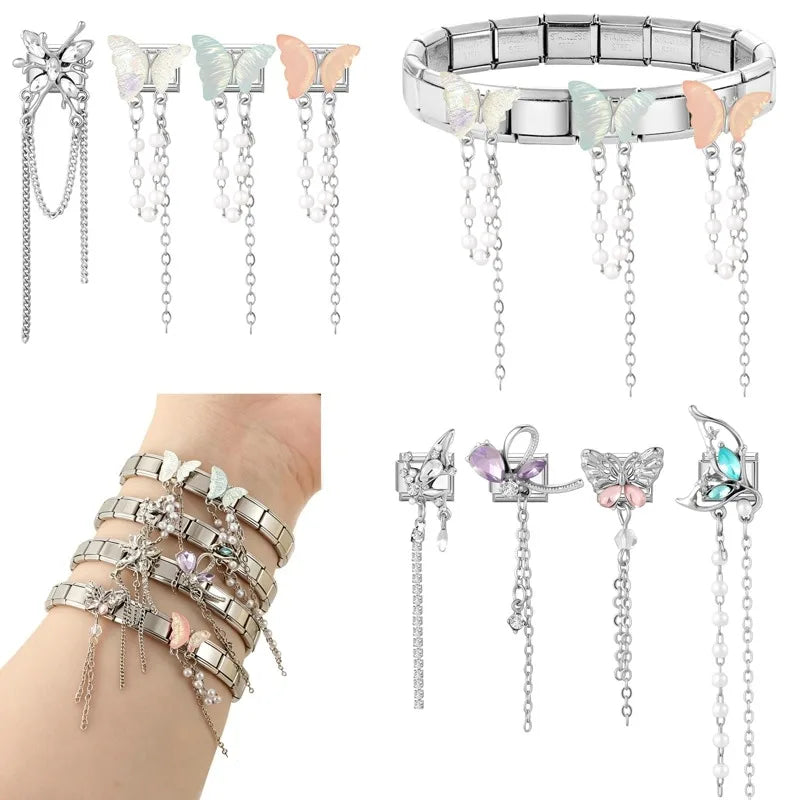 Women Men New Colorful Butterfly Zircon Long Pearl Tassel Chain Italian Charms Fit 9mm Stainless Steel Bracelet DIY Jewelry Gift Qme