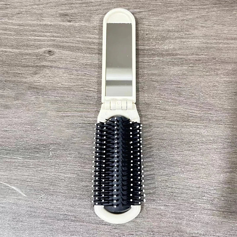 Compact Folding Hair Brush Mirror Portable Anti-static Comb Travel Qme White
