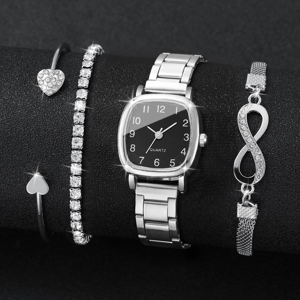 4 In 1 Women Wrist Set Square Quartz Watch Heart Bangle Infinity Rhinestone Bracelet Stackable Daily Female Wrist Accessory Gift Qme