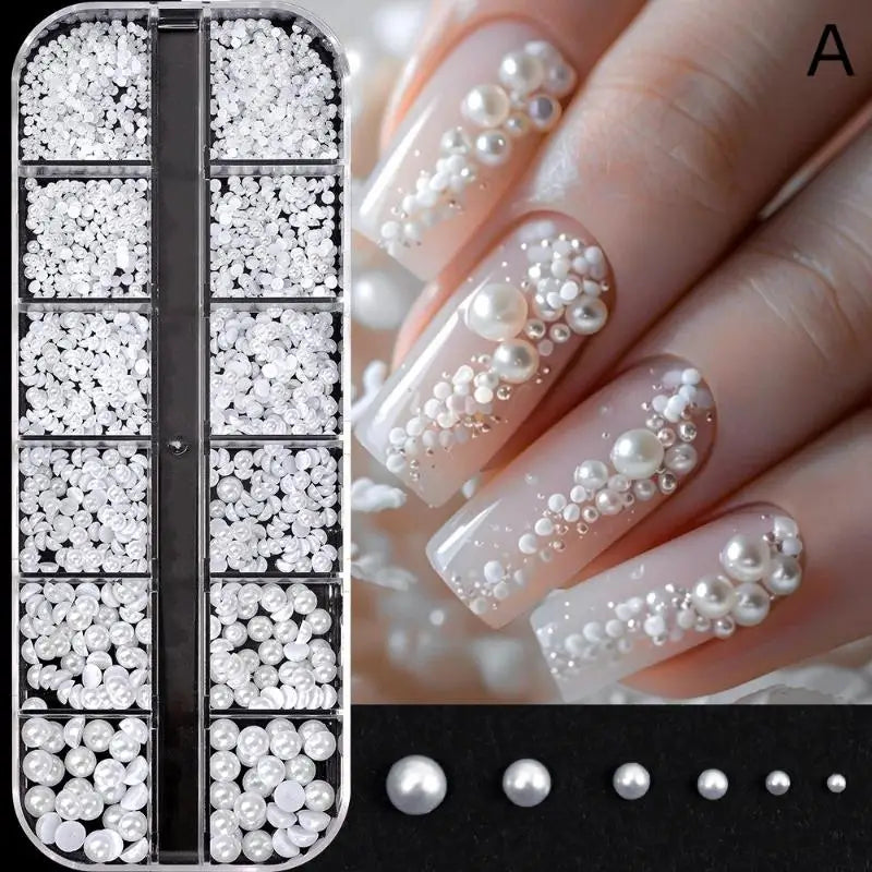 12 Grids Half Round Pearls Bead 3D Nail Charms 1 5 2 3 4 White Qme A