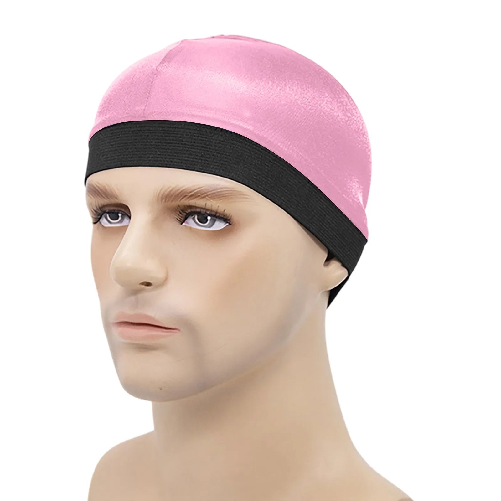 Elasticity Baotou Cap Hair Bands Men's and Women's Fashion Solid Silk Breathable Bottom Wig Cap Pirate Hat Headband Turban Qme Pink One Size