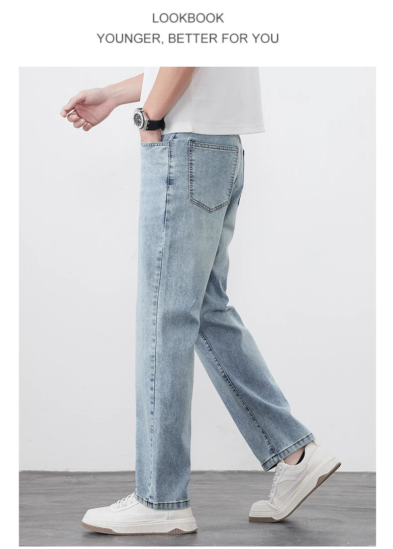 Summer lyocell thin jeans men's 25 years high-end light business washed retro straight trousers Qme