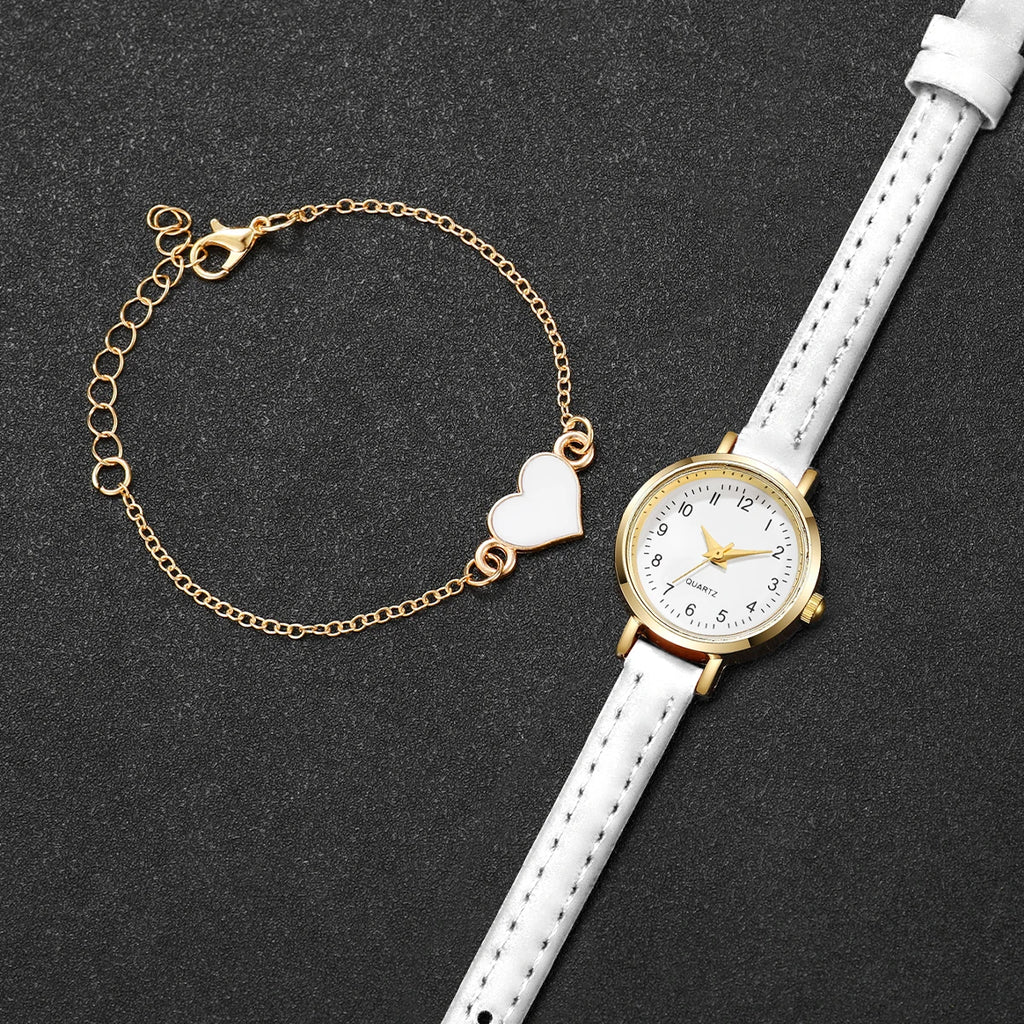 2Pcs/Set Women's Gold Jewelry Watch Set, White Dial Quartz Watch + White Heart Bracelet, Elegant Fashion Style Qme