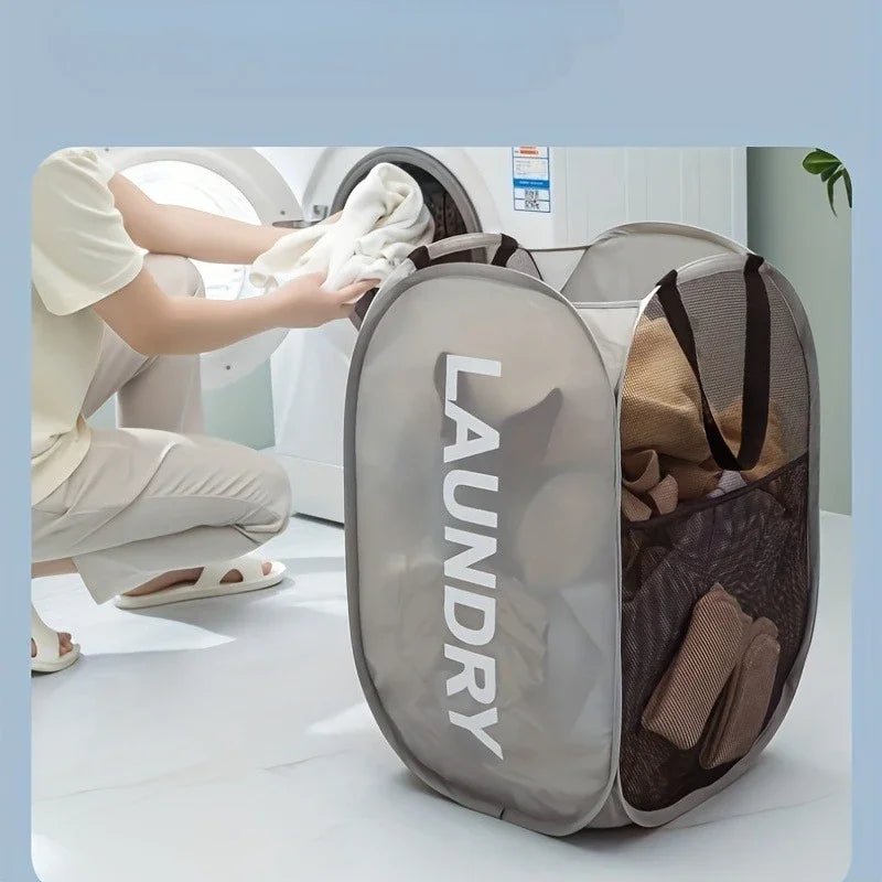 Foldable clothes storage basket with handle - Mesh washing machine suitable for laundry, bathroom, and dormitory decoration Qme