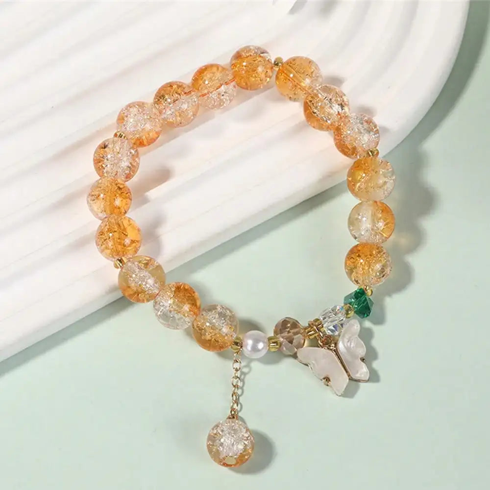 Handmade Beaded Bracelet Glass Crackle Crystal Pearl Butterfly Decor Qme yellow