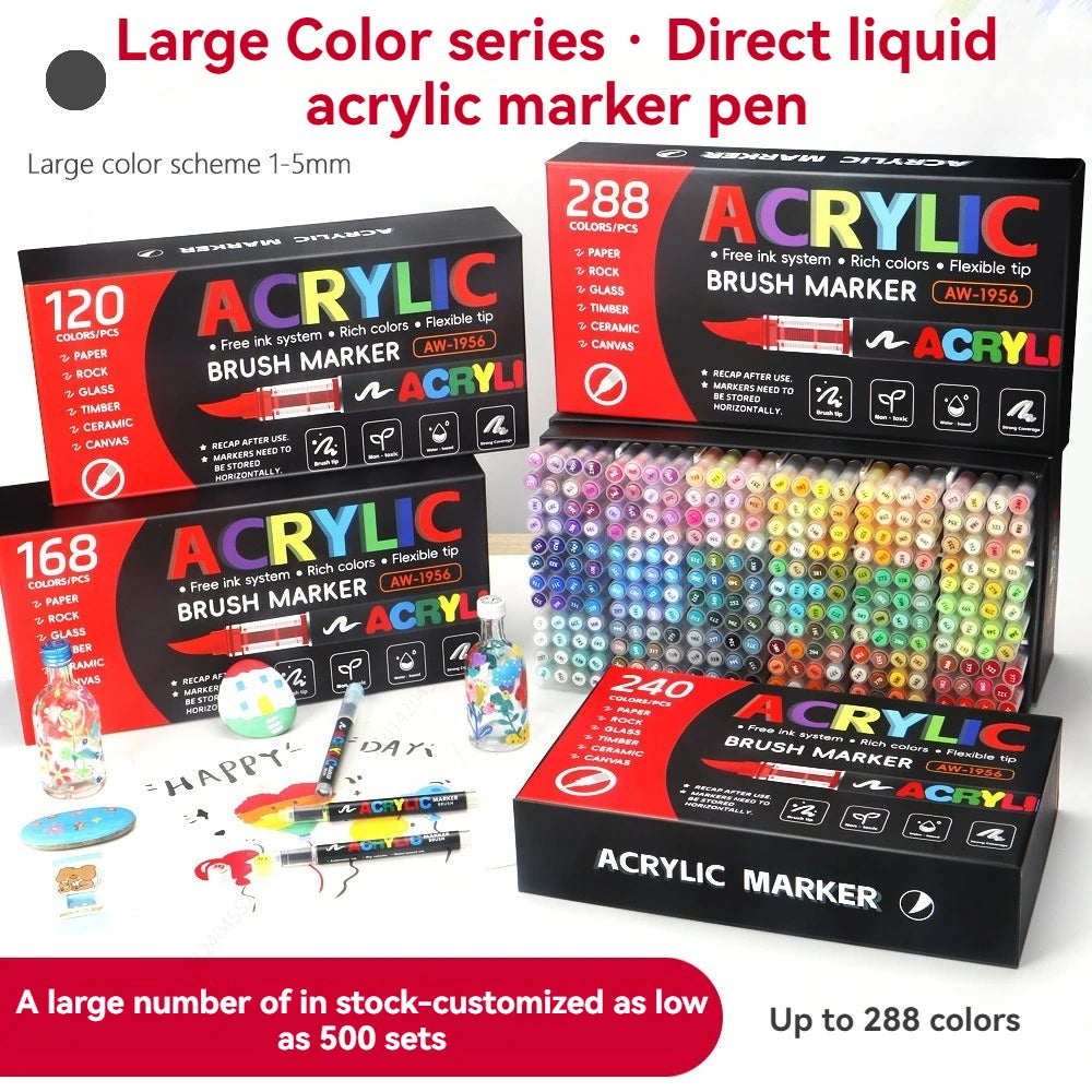 12-288 Colors Acrylic Paint Pens Markers Brush Tip Paint Markers for Rock Painting Wood Stone Glass Gift DIY Crafts Qme