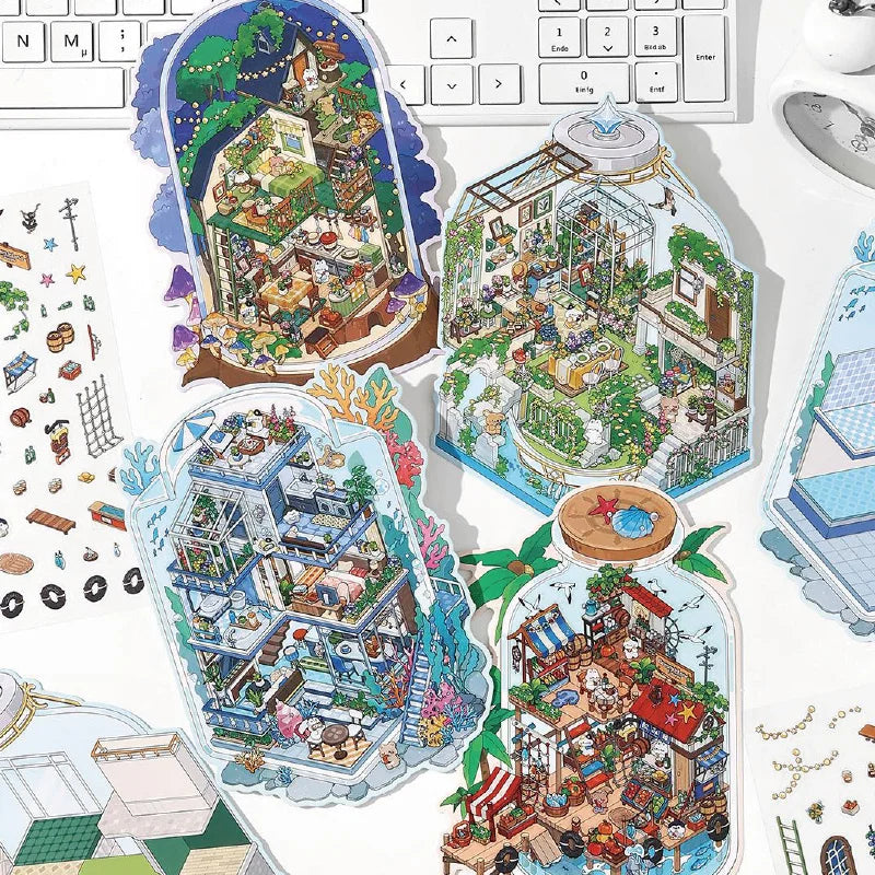 Kawaii Deep Sea Home 3D DIY Landscape Sticker Pocket Cabin Scene Stacking Pasting Festival Birthday Gift for Kid Child ﻿ ﻿ Qme