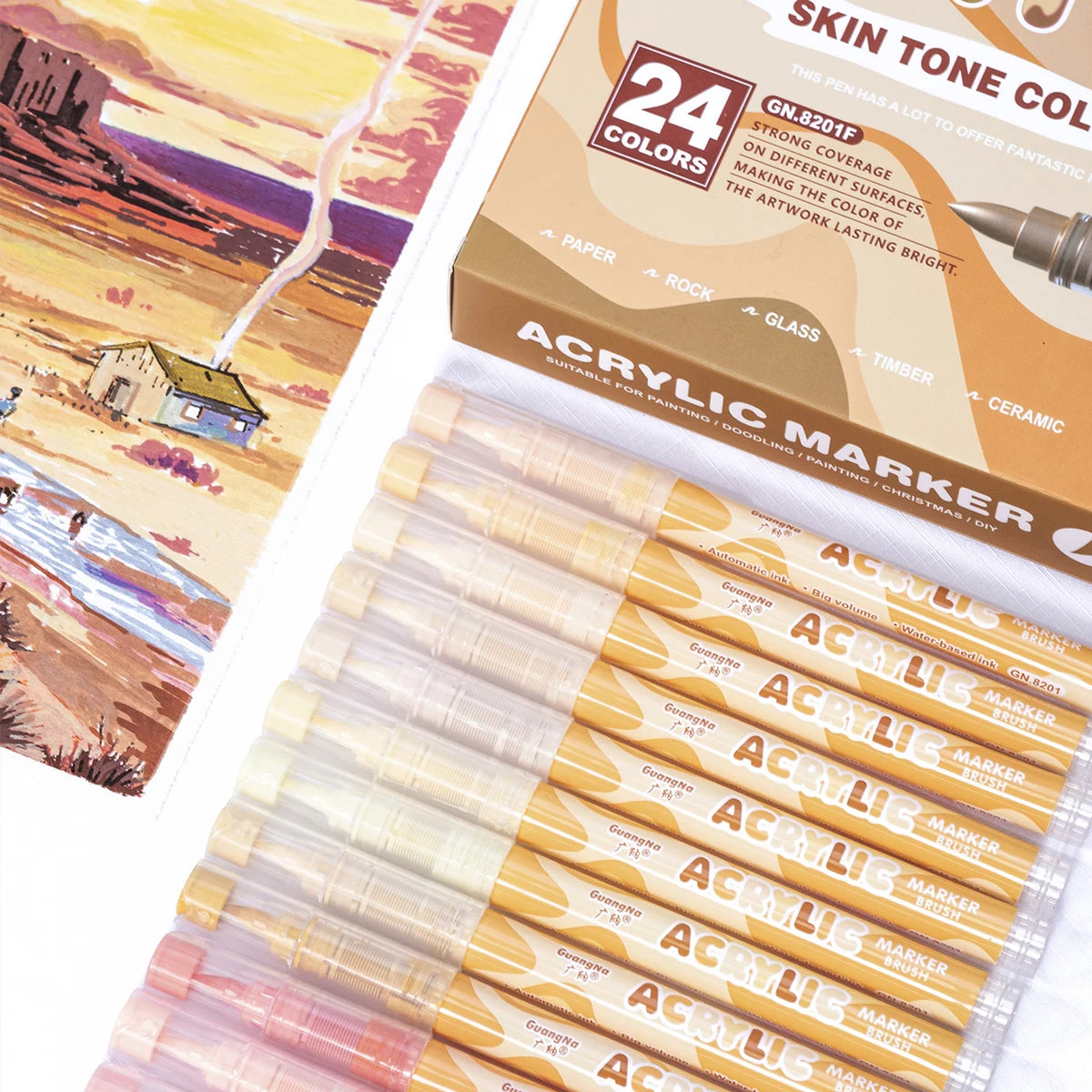 GN 24/48 Colors Brush Tip Acrylic Paint Markers Waterproof Permanent Ink for Canvas Stone DIY Craft Comic Coloring Art Supplies Qme