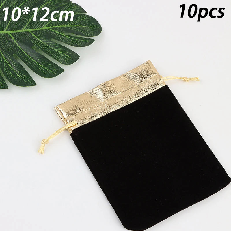 10pcs/lot Vintage Velvet Bag Gold Color Trim Drawstring Red Gift Bags Wedding Jewelry Packaging Pouches Qme Black XL