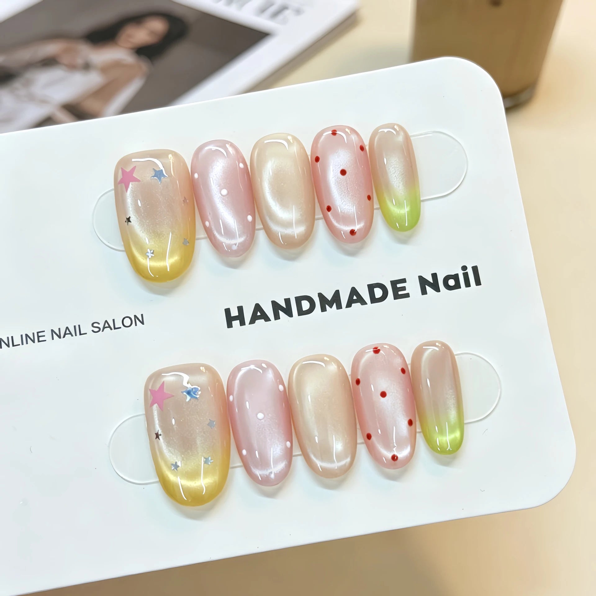 Handmade Press Nails Rainbow Gradient Cat's Eye Polka Dot Designs Qme GJ-CDJ-ZB236-S