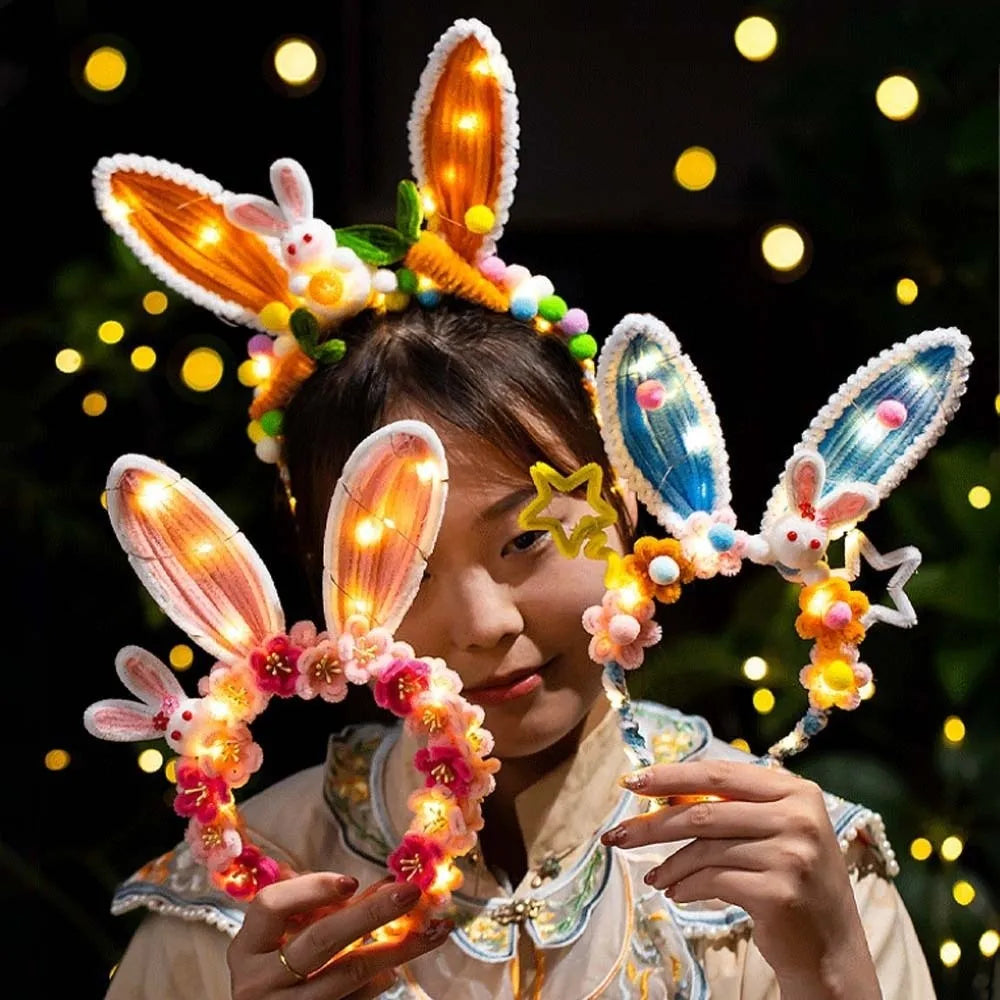 Handmade Bunny Headband Glowing Twisted Stick Rabbit Hair Hoop Easy-to-Make Luminous Glowing Headwear Children Gift Qme
