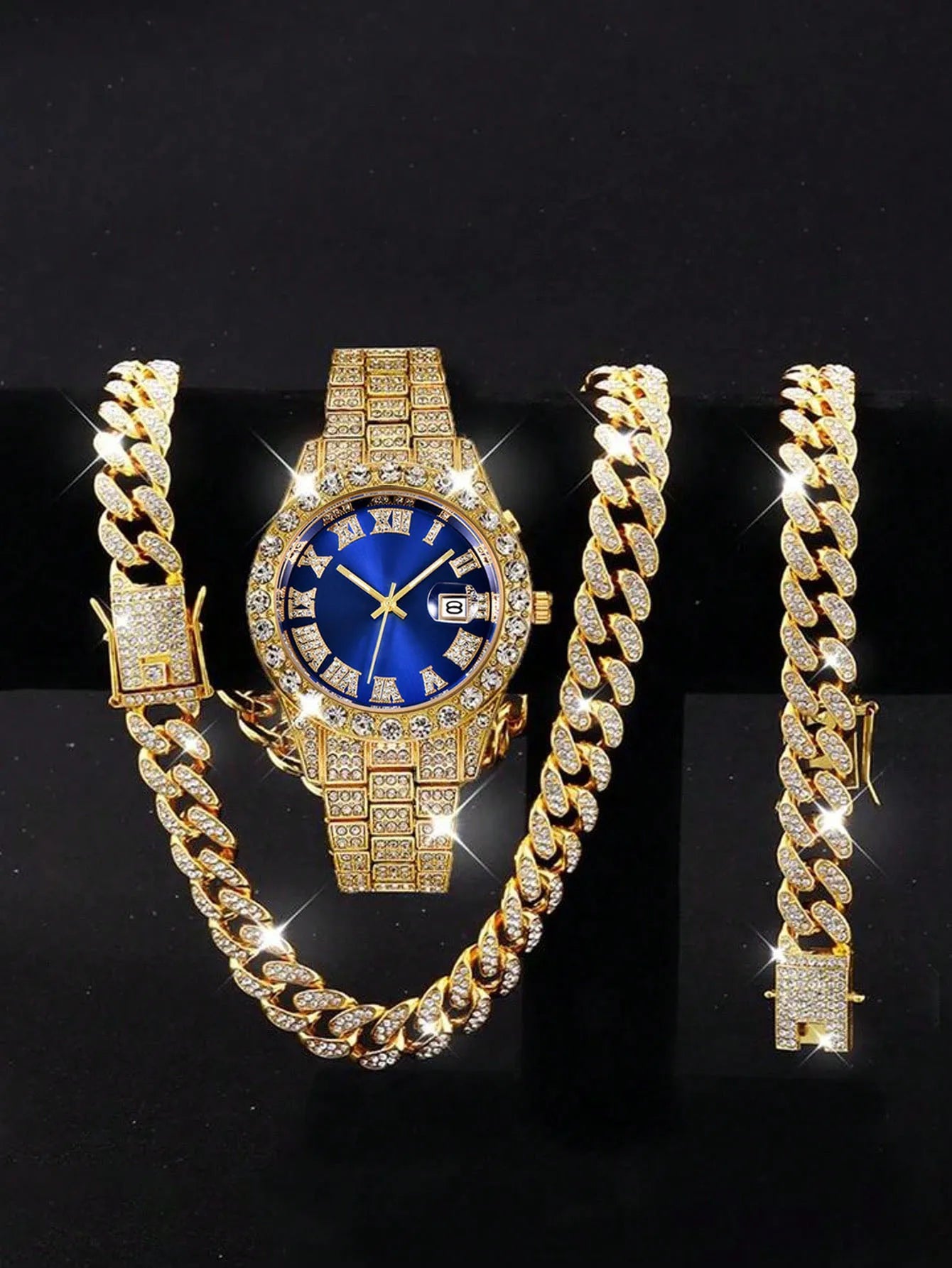Hip hop Watch Set with Diamond Bracelet Necklace Quartz Hiphop Watch Essay Watch Large Dial Set Qme Multicolor