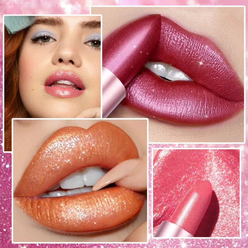 Diamond Shine Lipstick, Pearlescent Golden Lipstick with Fine Glitter, High Gloss Hydrating Long Lasting & Non-Drying Lip Makeup Qme