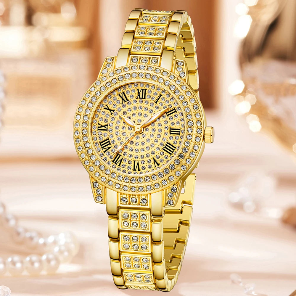 Full Diamond Roman Dial Women's Gold Watch Unlimited Symbol Bracelet Love Bracelet Three Piece Set Accessories Qme