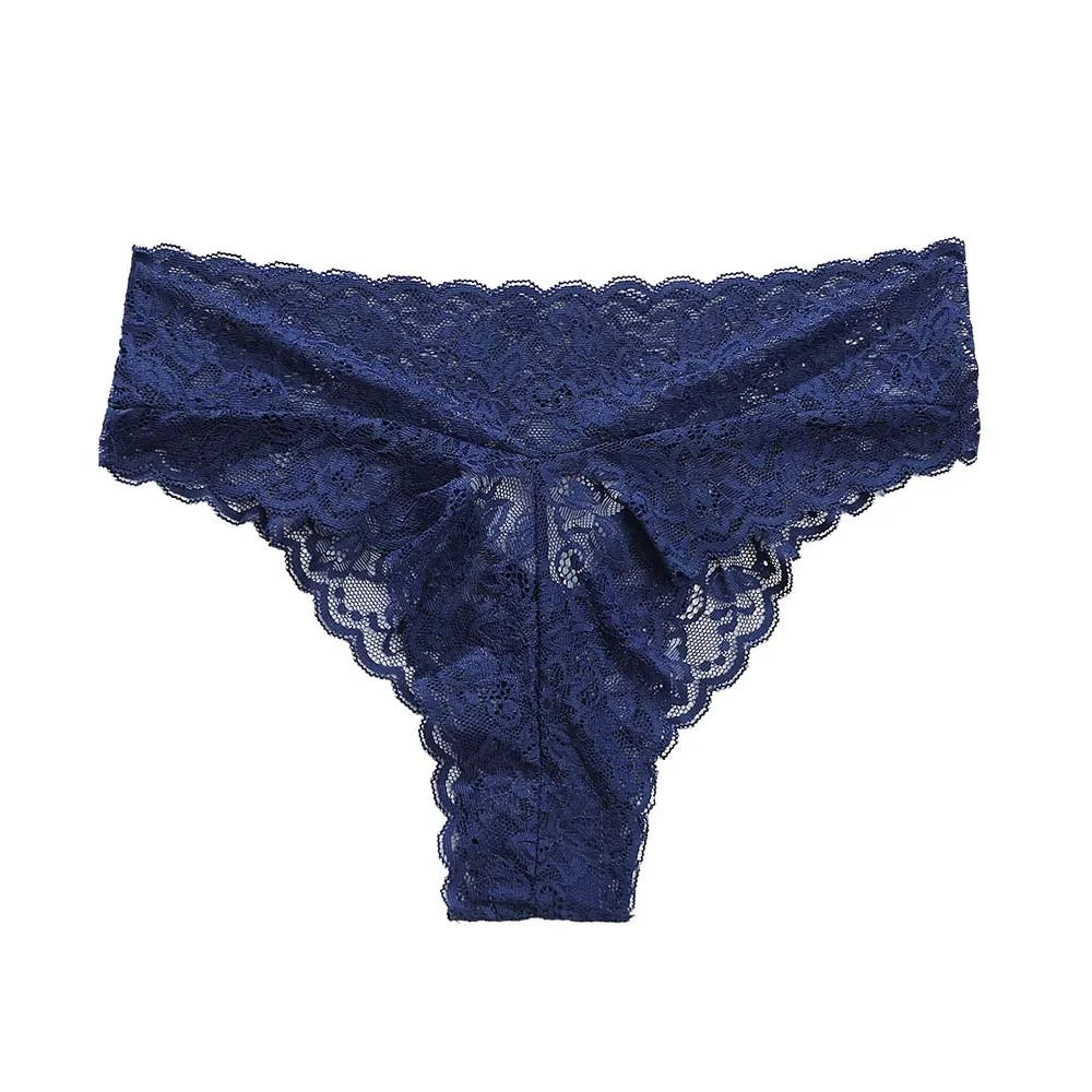 Soft Mid Waist Lace Panties Flower Transparent Underwear Women Qme Dark Blue L 1pc