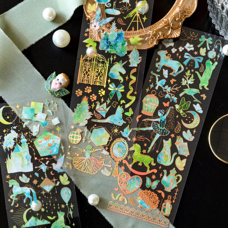 3 Sheets Bronzing PET stickers Dream Unicorn Literary Cats Music Clouds Hand Account DIY Material Decorative Stickers Qme