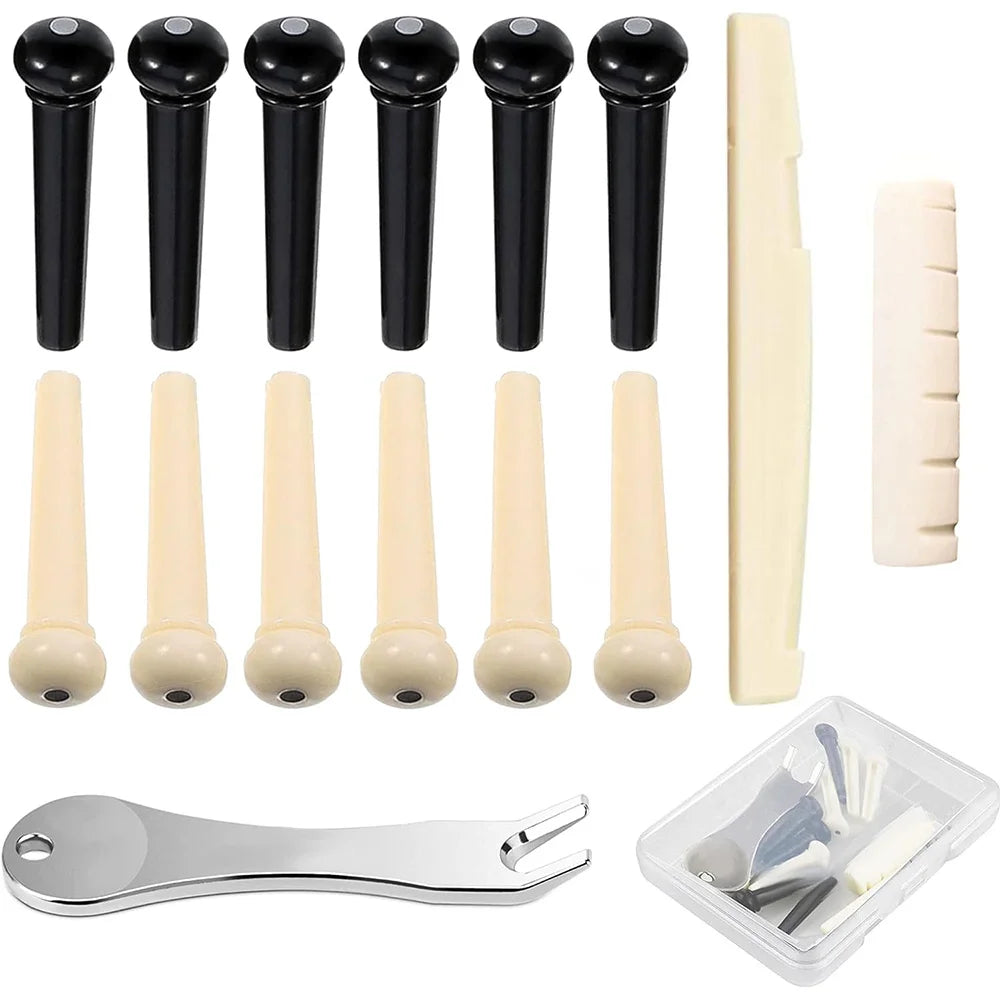 Acoustic Guitar Bridge Pins with Bridge Pin Puller Remover&Guitar Bridge Saddle Nut,Guitar Pegs Replacement Parts and Accessory Qme 15 Pcs Set